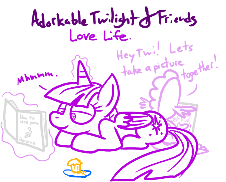 Size: 1280x1029 | Tagged: safe, artist:adorkabletwilightandfriends, derpibooru import, spike, twilight sparkle, twilight sparkle (alicorn), alicorn, pony, adorkable twilight, banana, computer, food, instructions, laptop computer