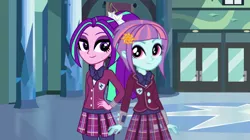 Size: 1024x575 | Tagged: safe, artist:breezyblueyt, artist:themexicanpunisher, derpibooru import, edit, edited screencap, screencap, aria blaze, sunny flare, equestria girls, friendship games, clothes, crystal prep academy, crystal prep academy uniform, crystal prep shadowbolts, cute, duo, pleated skirt, school uniform, skirt, smiling