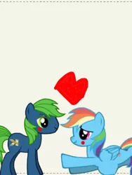 Size: 960x1280 | Tagged: safe, derpibooru import, rainbow dash, oc, oc:kevin cook, pony creator, bad cropping, belly, blushing, canon x oc, crack shipping, female, husband and wife, male, momma dash, pregnant, quality, shipping, straight, why