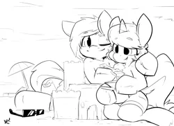 Size: 1582x1153 | Tagged: artist:bbsartboutique, beach, black and white, bucket, cute, derpibooru import, grayscale, lineart, monochrome, oc, oc:b.b., oc:kribbles, safe, sand castle, shovel, sunglasses, unofficial characters only