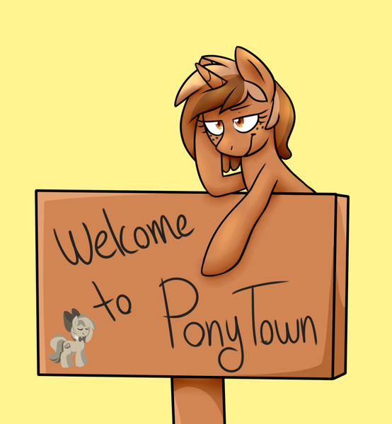 Size: 1280x1386 | Tagged: safe, artist:caballerial, derpibooru import, oc, oc:sign, oc:stone, unofficial characters only, pony, unicorn, pony town, :t, freckles, pointing, sign, simple background, solo