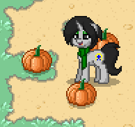 Size: 194x183 | Tagged: safe, derpibooru import, oc, oc:joyride, unofficial characters only, pony, unicorn, colt quest, pony town, clothes, color, cutie mark, dirt, eyeshadow, female, food, grass, grin, horn, makeup, mare, pumpkin, scarf, smiling, solo, sprite