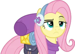 Size: 5000x3608 | Tagged: absurd resolution, artist:dashiesparkle, bags, clothes, derpibooru import, dungeons and discords, earmuffs, fluttershy, fluttershy is not amused, ponyscape, raised eyebrow, safe, scarf, simple background, solo, .svg available, transparent background, unamused, vector, winter outfit