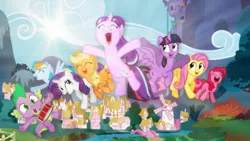 Size: 1191x670 | Tagged: safe, artist:aelioszero, artist:hellswolfeh, artist:soren-the-owl, derpibooru import, applejack, fluttershy, pinkie pie, rainbow dash, rarity, spike, starlight glimmer, twilight sparkle, twilight sparkle (alicorn), alicorn, pony, canterlot castle, drums, eyes closed, group shot, happy, jumping, lens flare, mane seven, mane six, ponyville, vector, wallpaper