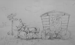 Size: 1000x603 | Tagged: safe, artist:28gooddays, derpibooru import, trixie, bird, pony, unicorn, bucket, clothes, cute, eyes closed, female, hat, mare, monochrome, tabun art-battle, tired, traditional art, trixie's hat, trixie's wagon