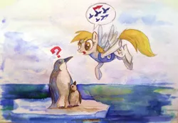 Size: 900x628 | Tagged: safe, artist:28gooddays, derpibooru import, derpy hooves, ditzy doo, bird, pegasus, penguin, pony, winter wrap up, antarctica, chick, female, flying, mare, ocean, question mark, speech bubble, traditional art, watercolor painting, weather team, went north to get the southern birds, winter wrap up vest