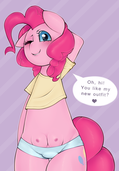 Size: 1045x1500 | Tagged: artist:oouichi, bipedal, clothes, crotchboobs, crotch bulge, derpibooru import, dialogue, female, heart, lip bite, looking at you, nipples, nudity, one eye closed, panties, pinkie pie, questionable, shirt, short shirt, simple background, solo, solo female, speech bubble, t-shirt, underwear