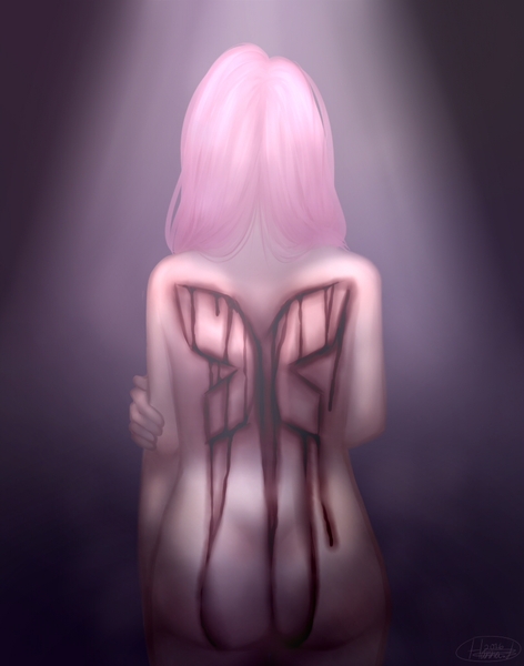 Size: 806x1024 | Tagged: artist:rainbowhitter, blood, butterfly, butterfly wings, cutting, derpibooru import, fluttershy, grimdark, human, humanized, solo, suggestive