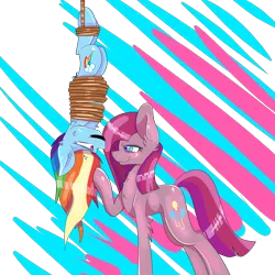 Size: 3000x3000 | Tagged: artist:sunshinejoyyt, bondage, derpibooru import, gag, pinkamena diane pie, pinkie pie, rainbow dash, rope, semi-grimdark, suggestive, suspended, tape gag, tied up