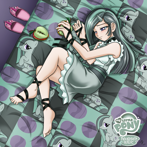 Size: 1600x1600 | Tagged: ankle ribbon, apple, arm ribbon, artist:mauroz, barefoot, bed, bedroom, clothes, cute, derpibooru import, dress, feet, female, food, hairclip, human, humanized, implied big macintosh, implied marblemac, lying down, marblebetes, marble pie, pinkie pie, ribbon, safe, side, skirt, slippers, solo