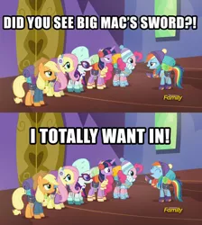 Size: 815x909 | Tagged: safe, derpibooru import, edit, edited screencap, screencap, applejack, fluttershy, pinkie pie, rainbow dash, rarity, twilight sparkle, twilight sparkle (alicorn), alicorn, earth pony, pegasus, pony, unicorn, dungeons and discords, caption, clothes, discovery family logo, eyes closed, female, implied rainbowmac, mane six, mare, out of context, text