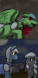 Size: 600x1205 | Tagged: grimdark, artist:thebathwaterhero, derpibooru import, oc, oc:nadine, unofficial characters only, earth pony, pegasus, pony, series:entrapment, adult, bleeding, blood, building, cloud, color, cut, dark clouds, dark magic, dead, death, female, fight, floating, helmet, injured, magic, mare, red eyes, sad, shield, shoulder pads, soldier, story included, weapon, wings