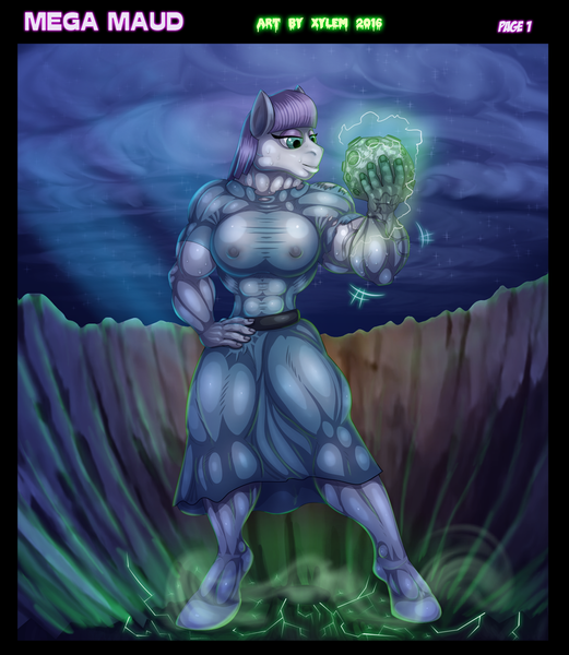 Size: 1074x1238 | Tagged: abs, anthro, artist:xylem, breasts, crater, derpibooru import, erect nipples, female, growth, maud pie, maud pump, meteor, muscle expansion, muscles, nipple outline, questionable, radiation, radioactive, transformation