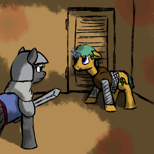 Size: 600x600 | Tagged: semi-grimdark, artist:thebathwaterhero, derpibooru import, oc, oc:nadine, unofficial characters only, pony, unicorn, series:entrapment, armor, aura, clothes, cutie mark, fort, horn, magic, male, story included, sword, teenager, village, weapon