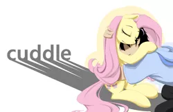 Size: 2000x1300 | Tagged: artist:wookylee, cuddling, derpibooru import, eyes closed, fluttershy, hug, human, human on pony snuggling, safe, snuggling