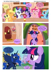 Size: 1024x1448 | Tagged: safe, artist:teammagix, derpibooru import, applejack, fluttershy, pinkie pie, princess luna, rainbow dash, rarity, twilight sparkle, twilight sparkle (alicorn), alicorn, pony, comic:sun setting misfortune, comic, cupcake, food, mane six