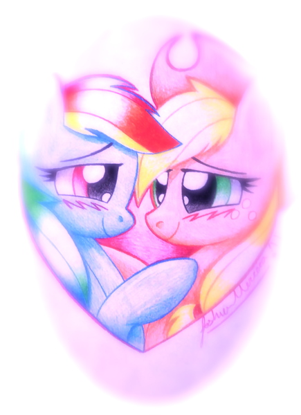 Size: 2238x3085 | Tagged: safe, artist:twintailsinc, derpibooru import, applejack, rainbow dash, pony, appledash, blushing, female, lesbian, mare, shipping