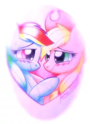 Size: 2238x3085 | Tagged: safe, artist:twintailsinc, derpibooru import, applejack, rainbow dash, pony, appledash, blushing, female, lesbian, mare, shipping