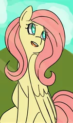 Size: 3000x5000 | Tagged: safe, artist:sunniedoodles, derpibooru import, fluttershy, folded wings, head turn, looking away, looking up, open mouth, sitting, solo