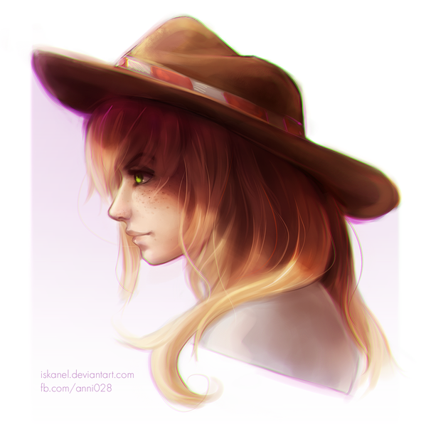 Size: 1345x1348 | Tagged: applejack, artist:iskanel, bust, derpibooru import, hat, human, humanized, portrait, safe, simple background, solo