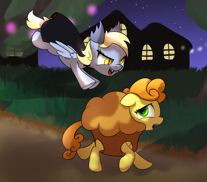 Size: 1000x880 | Tagged: safe, artist:klemm, derpibooru import, carrot top, derpy hooves, golden harvest, pegasus, pony, vampire, clothes, costume, female, food, food costume, mare, muffin, newbie artist training grounds, nightmare night, nightmare night costume