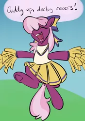 Size: 700x1000 | Tagged: safe, artist:goat train, deleted from derpibooru, derpibooru import, cheerilee, earth pony, pony, the cart before the ponies, cheerileeder, cheerleader, clothes, derby racers, dock, exclamation point, eyes closed, hair bow, lyrics, open mouth, pleated skirt, pom pom, skirt, skirt lift, solo, speech bubble, text, underhoof
