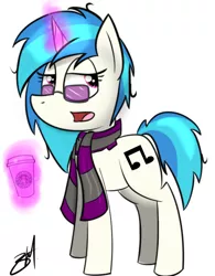 Size: 790x1011 | Tagged: safe, artist:macdaddyzak, derpibooru import, vinyl scratch, clothes, hipster, magic, scarf, solo, starbucks, telekinesis