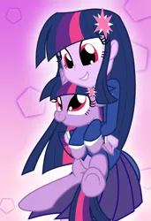 Size: 1300x1900 | Tagged: safe, artist:geraritydevillefort, derpibooru import, twilight sparkle, twilight sparkle (alicorn), pony, equestria girls, clothes, crossover, cute, holding a pony, hug, human ponidox, monsparkle, red eyes, self ponidox, smiling, solo, square crossover, the count of monte cristo, twiabetes, wrong eye color
