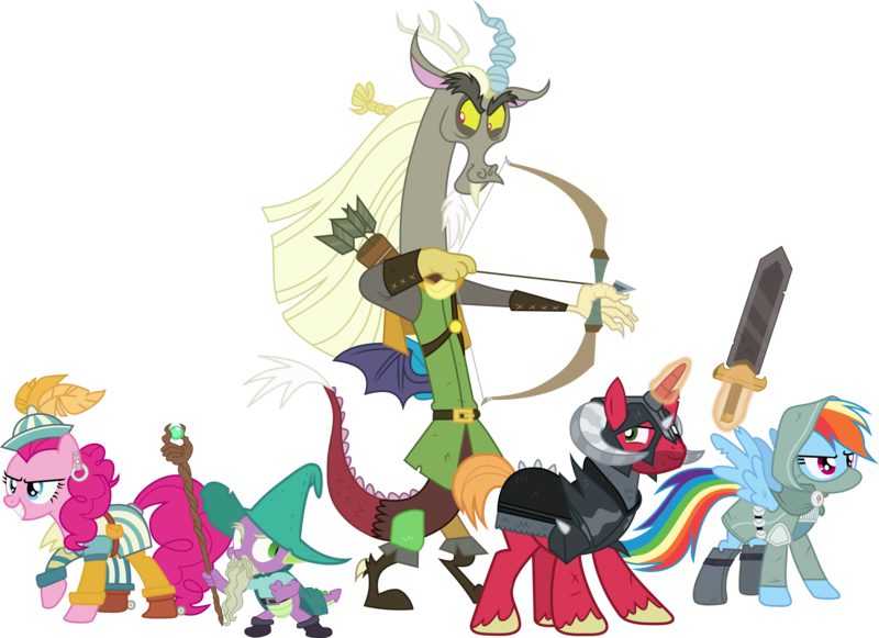 Size: 4132x3000 | Tagged: safe, artist:uponia, derpibooru import, big macintosh, discord, pinkie pie, rainbow dash, spike, earth pony, pony, unicorn, dungeons and discords, .svg available, absurd resolution, arrow, bard, bard pie, bow (weapon), bow and arrow, captain wuzz, dungeons and dragons, fantasy class, garbuncle, magic, male, ogres and oubliettes, parsnip, race swap, rainbow rogue, rogue, roleplaying, simple background, sir mcbiggen, staff, stallion, sword, transparent background, trine, unicorn big mac, vector, weapon