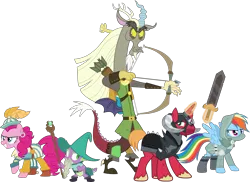 Size: 4132x3000 | Tagged: safe, artist:uponia, derpibooru import, big macintosh, discord, pinkie pie, rainbow dash, spike, earth pony, pony, unicorn, dungeons and discords, .svg available, absurd resolution, arrow, bard, bard pie, bow (weapon), bow and arrow, captain wuzz, dungeons and dragons, fantasy class, garbuncle, magic, male, ogres and oubliettes, parsnip, race swap, rainbow rogue, rogue, roleplaying, simple background, sir mcbiggen, staff, stallion, sword, transparent background, trine, unicorn big mac, vector, weapon