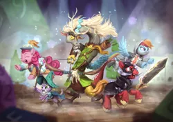Size: 1920x1360 | Tagged: safe, artist:assasinmonkey, derpibooru import, big macintosh, discord, pinkie pie, rainbow dash, spike, draconequus, dragon, earth pony, pegasus, pony, unicorn, dungeons and discords, adventuring party, arrow, bard, bard pie, bow (weapon), bow and arrow, captain wuzz, clothes, dungeons and dragons, eyes closed, fantasy class, female, flying, garbuncle, group, hat, magic, male, mare, ogres and oubliettes, open mouth, parsnip, race swap, rainbow rogue, rogue, roleplaying, scene interpretation, signature, sir mcbiggen, staff, stallion, sword, unicorn big mac, weapon, wizard, wizard hat