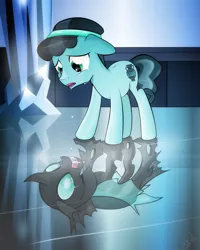 Size: 975x1219 | Tagged: altered reflection, artist:dsana, changeling, crying, crystal hoof, derpibooru import, disguise, disguised changeling, duality, reflection, safe, the times they are a changeling, thorax