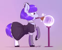 Size: 1616x1306 | Tagged: acme, artist:dsp2003, castle, clothes, cloud, crystal ball, derpibooru import, female, maid, oc, oc:brim, safe, stars, unofficial characters only