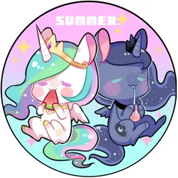 Size: 2244x2244 | Tagged: :3, artist:kura, blushing, chibi, derpibooru import, food, juice, lemonade, princess celestia, princess luna, royal sisters, safe, straw, watermelon