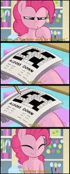 Size: 2540x6280 | Tagged: safe, artist:january3rd, derpibooru import, pinkie pie, earth pony, pony, absurd resolution, book, comic, crossword puzzle, female, grin, happy, hoof hold, mare, pencil, smiling, solo, spongebob squarepants, subtitles, your shoe's untied