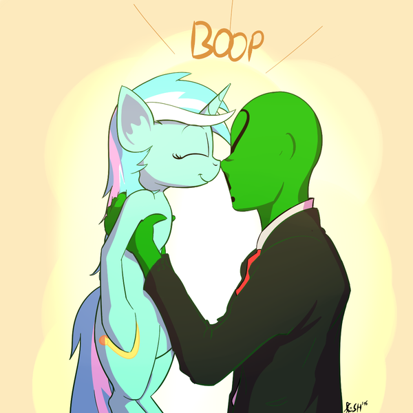 Size: 1200x1200 | Tagged: safe, artist:cheshiresdesires, derpibooru import, lyra heartstrings, oc, oc:anon, human, pony, unicorn, boop, cute, duo, eyes closed, gradient background, holding, holding a pony, noseboop, smiling