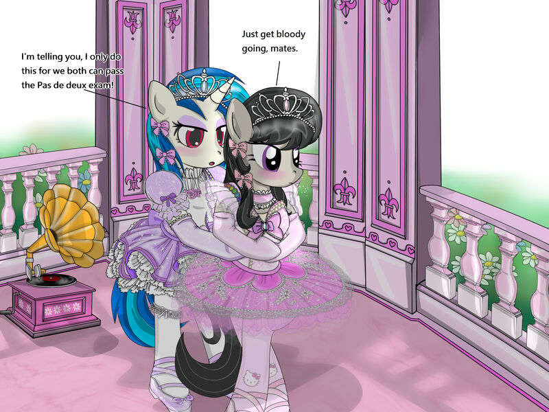 Size: 3000x2250 | Tagged: artist:avchonline, balcony, ballerina, ballerinas, ballet, broken english, canterlot royal ballet academy, clothes, derpibooru import, dress, engrish, grammar error, hello kitty, jewelry, octavia melody, pas de deux, phonograph, safe, sanrio, slippers, tiara, tutu, tutus, vinyl scratch, wrong eye color