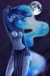 Size: 1990x3014 | Tagged: alicorn, anthro, armpits, artist:zefirayn, breasts, cleavage, clothes, constellation, corset, derpibooru import, eyelashes, female, garters, lidded eyes, loincloth, looking at you, moon, night, princess luna, safe, skirt, sky, smiling, socks, solo, stars, stockings, thigh highs, wingless, wingless anthro, zettai ryouiki