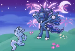 Size: 1175x810 | Tagged: safe, artist:metax-z, derpibooru import, princess luna, trixie, pony, accessory swap, bipedal, eyes closed, fireworks, moon, night, open mouth