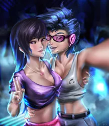 Size: 862x995 | Tagged: armpits, artist:sunset tide, belly button, breasts, cleavage, clothes, derpibooru import, female, glasses, headset, human, humanized, midriff, nail polish, octavia melody, peace sign, safe, selfie, tanktop, vinyl scratch