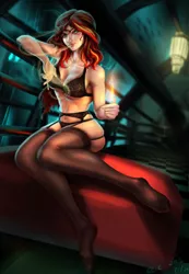 Size: 2954x4266 | Tagged: alternate version, artist:sunset tide, bioshock, cigarette, clothes, derpibooru import, female, fire, human, humanized, lingerie, plasmid, pyromancy, rapture, smoking, solo, solo female, suggestive, sunset shimmer