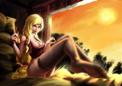 Size: 5130x3618 | Tagged: applejack, artist:sunset tide, barn, breasts, cleavage, clothes, derpibooru import, female, human, humanized, lingerie, riding crop, solo, solo female, stockings, suggestive, tanktop