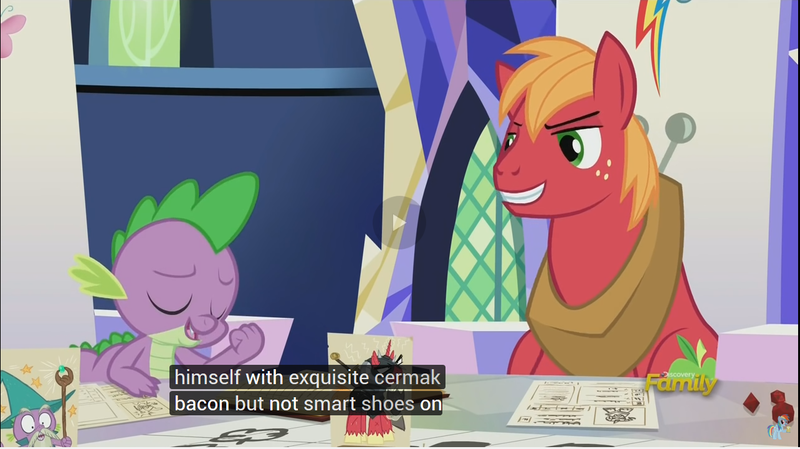 Size: 1284x720 | Tagged: safe, derpibooru import, screencap, big macintosh, spike, earth pony, pony, dungeons and discords, male, meme, stallion, youtube caption