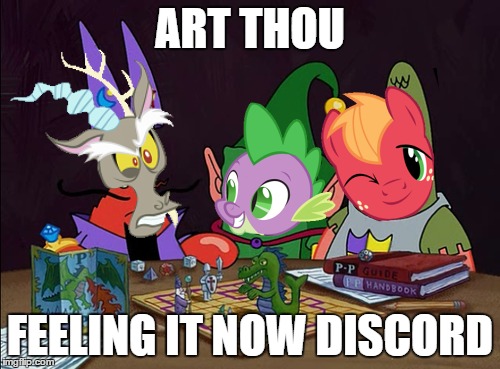 Size: 500x369 | Tagged: safe, derpibooru import, edit, edited screencap, screencap, big macintosh, discord, spike, earth pony, pony, dungeons and discords, dungeons and dragons, image, image macro, jpeg, male, meme, mid-life crustacean, mr. krabs, patrick star, spongebob squarepants, spongebob squarepants (character), stallion, tabletop game