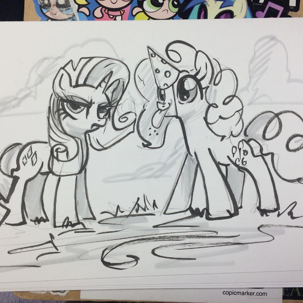 Size: 597x596 | Tagged: safe, artist:sararichard, derpibooru import, pinkie pie, rarity, hat, monochrome, party hat, tongue out, traditional art, unamused