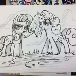 Size: 597x596 | Tagged: safe, artist:sararichard, derpibooru import, pinkie pie, rarity, hat, monochrome, party hat, tongue out, traditional art, unamused