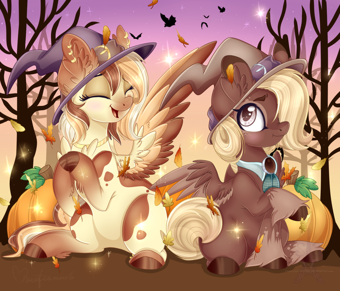 Size: 1024x878 | Tagged: safe, artist:silent-shadow-wolf, derpibooru import, oc, oc:elixir ripple, oc:heavenly hazelnut, unofficial characters only, pegasus, pony, food, hat, pumpkin, witch hat