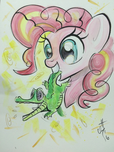 Size: 1280x1707 | Tagged: artist:sararichard, derpibooru import, gummy, pinkie pie, safe, traditional art