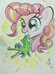 Size: 1280x1707 | Tagged: artist:sararichard, derpibooru import, gummy, pinkie pie, safe, traditional art