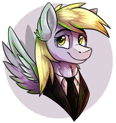 Size: 959x1014 | Tagged: safe, artist:greenstorm64, derpibooru import, derpy hooves, pegasus, pony, clothes, ear fluff, female, mare, solo, suit, tuxedo, underp